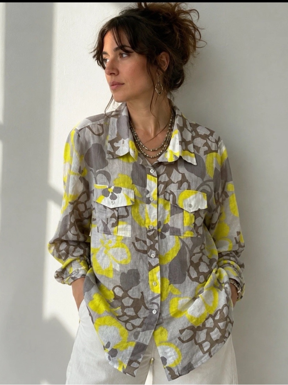 Elliott Lauren Linen Floral Button Up Shirt Women’s Large W/Pockets USA Made Top
